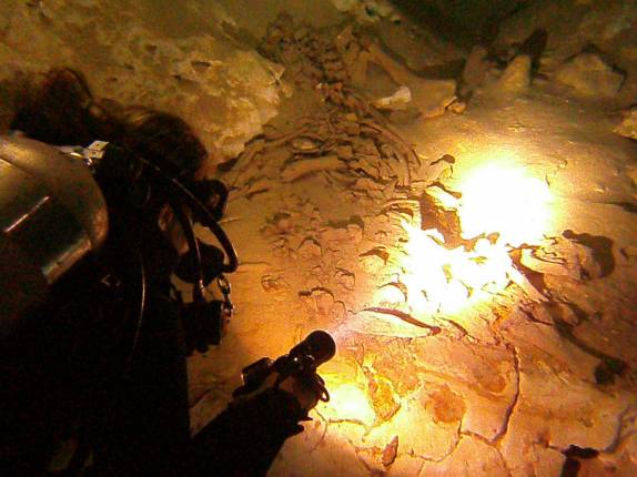 Iluminando ossos de preguiça gigante em caverna lateral do Cenote The Pit, em Tulum, no Yucatán, sul do México